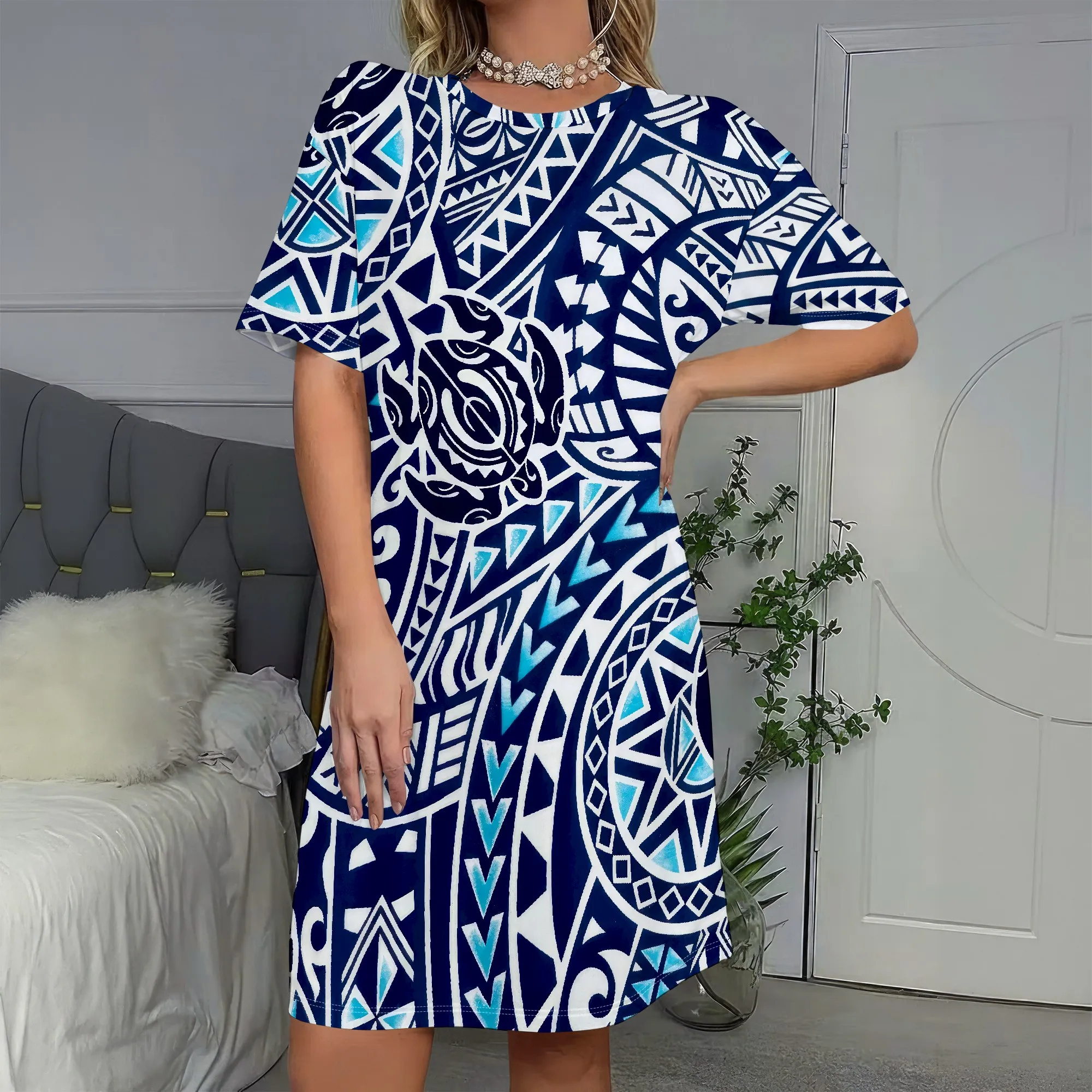 

Boho Print, Short Sleeve Dress, Tribal Pattern, Geometric Design, Blue White A-Line Tunic, Summer Beach Vacation Wear, S-2XL