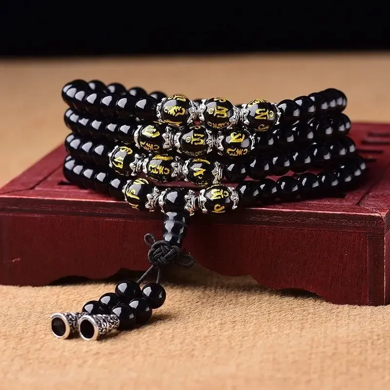 108 Black Obsidian Buddha Beads for Men and Women Couple Handchains with Tiger Eye Stone  Men's Wealth Attraction Bracelet