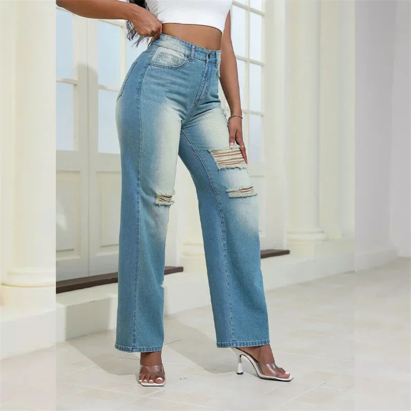 New Vintage Broken Holes Loose Straight Jeans Women High Waist Button Splice Denim Pants Female Trousers Casual Trend Streetwear