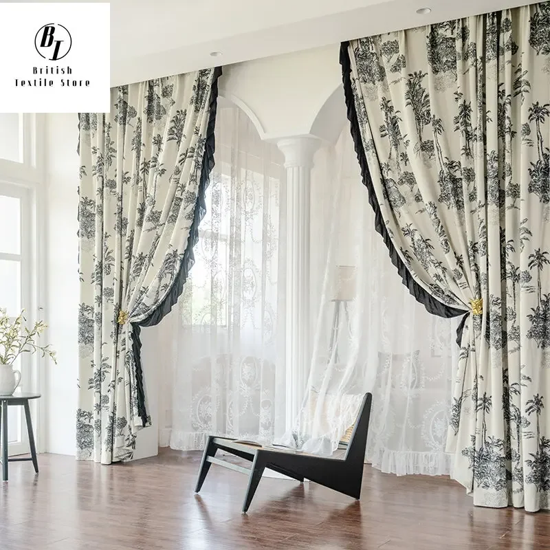 

New French Curtains for Living Dining Room Bedroom Retro Velvet Window Printed Lace Curtain White Tulle Custom