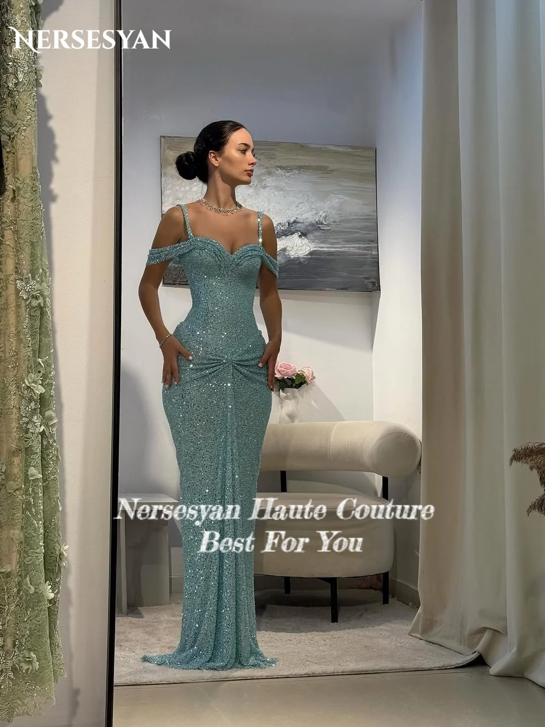 Nersesyan البط البري الفاخرة بريق حورية البحر فساتين السهرة الترتر السباغيتي الأشرطة فستان رسمي سباركلي النساء رداء حفلات مخصص