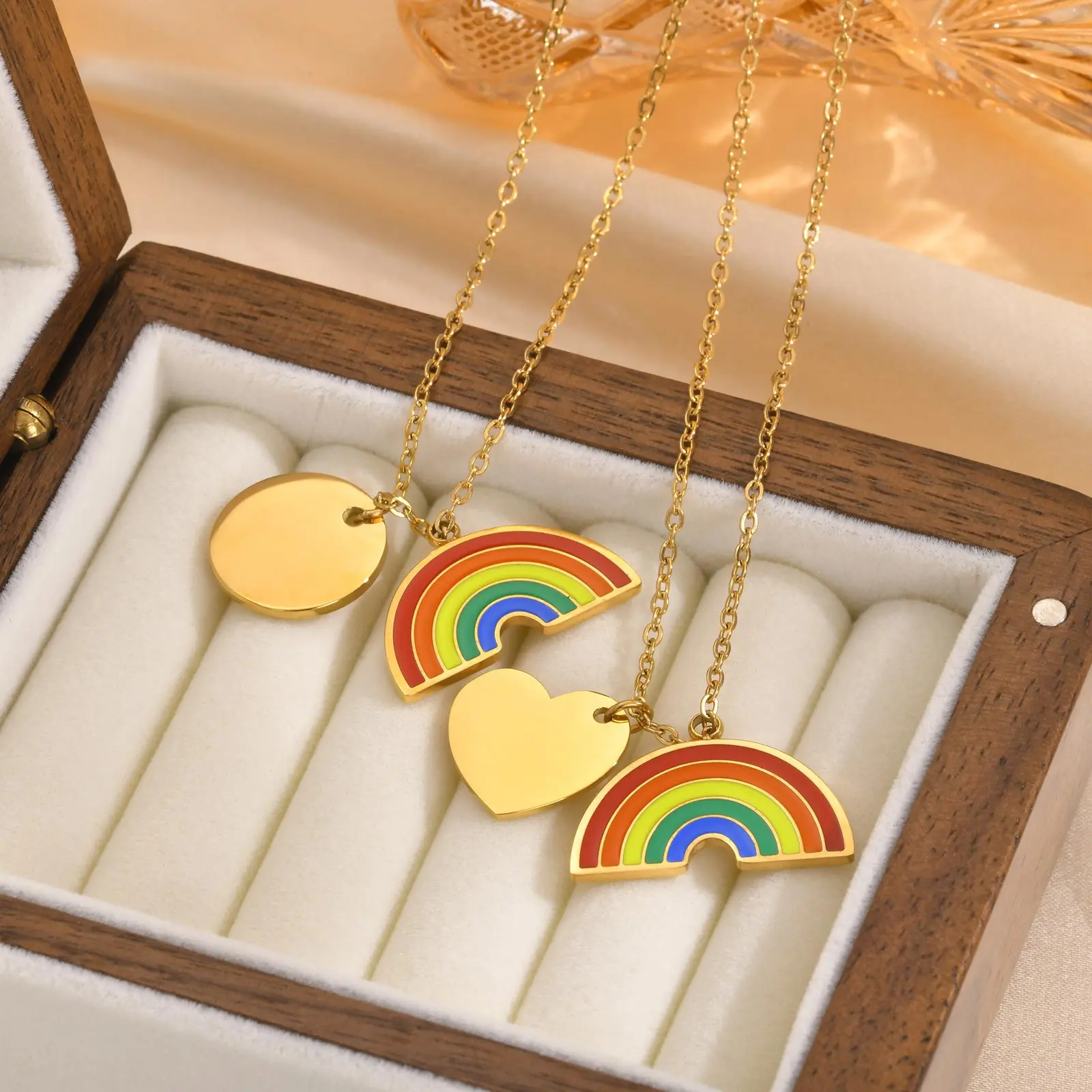 

Children's Heart-shaped Rainbow Necklace for Baby Stainless Steel Rolo Chain Gold Color Necklace Cute Jewelry Gifts