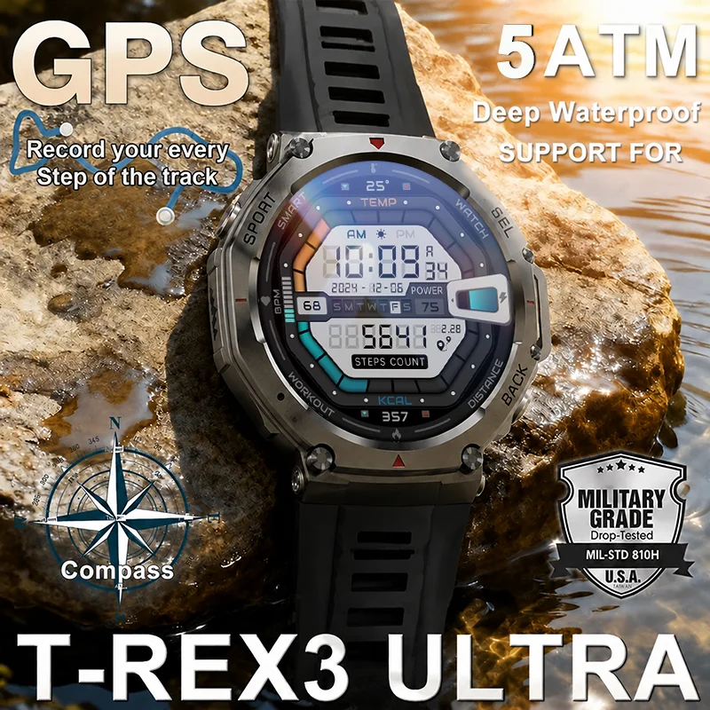 LIGE For T-Rex 3 Ultra Military Grade GPS Smartwatch Compass Altimeter Barometric 5ATM Waterproof AMOLED Men HD Call Sport Watch