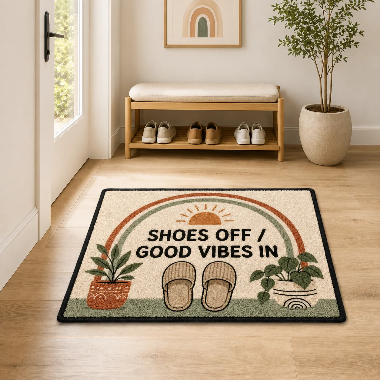 Custom Outdoor Decor Doormat Boho Sunshine Welcome Mat Shoes Off Good Vibes In Funny Door Rug for Porch Entryway Home Gifts
