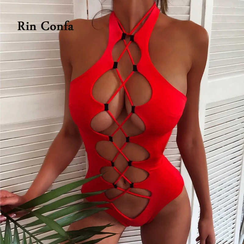 Rin Confa kobiety drążą damski strój kąpielowy Sexy jednolity kolor Bikini moda ukośny strój kąpielowy strój kąpielowy