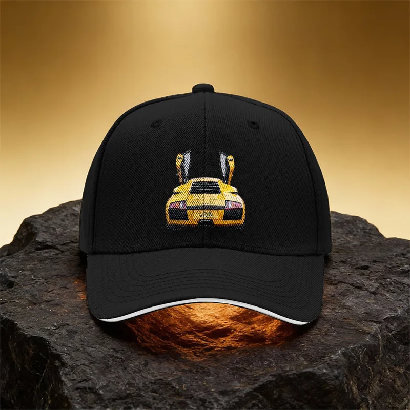 Yellow Sports Car Back View Opening Door Hat Unisex Printed Baseball Cap Sandwich Brim Sports Cap Suitable for Daily Work And Tr