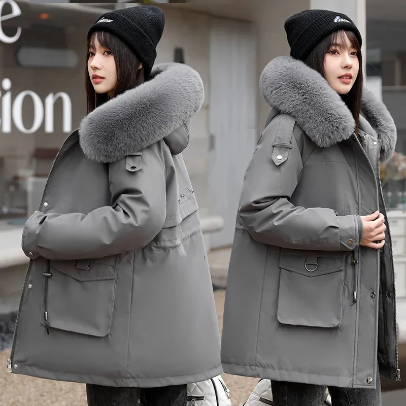 Winter Female Parkas 2024 New Detachable Inner Cotton Jacket Women\'s Thicken Fur Collar Hooded Coat Warm Snow Wear Long Parkas