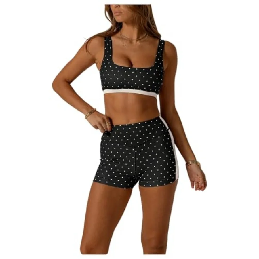 

SOLY HUX Polka Dots Workout Sets for Women 2 Pcs Yoga Outfits Sports Bra High Waist Biker Shorts Activewear Tracksuit