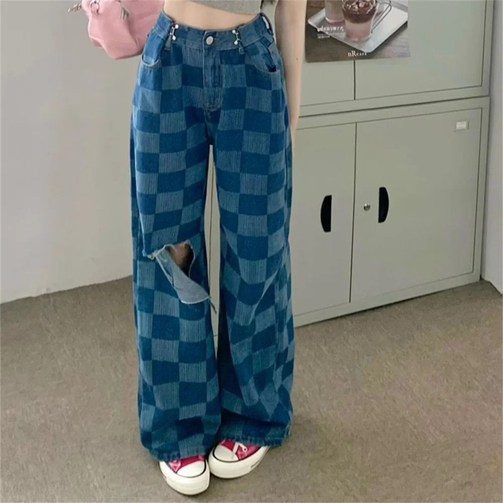 PLAMTEE Hole Women Jeans Chessboard Plaid Loose Wide Leg 2023 High Waist Summer Office Lady Vintage Casual All Match Denim Pants