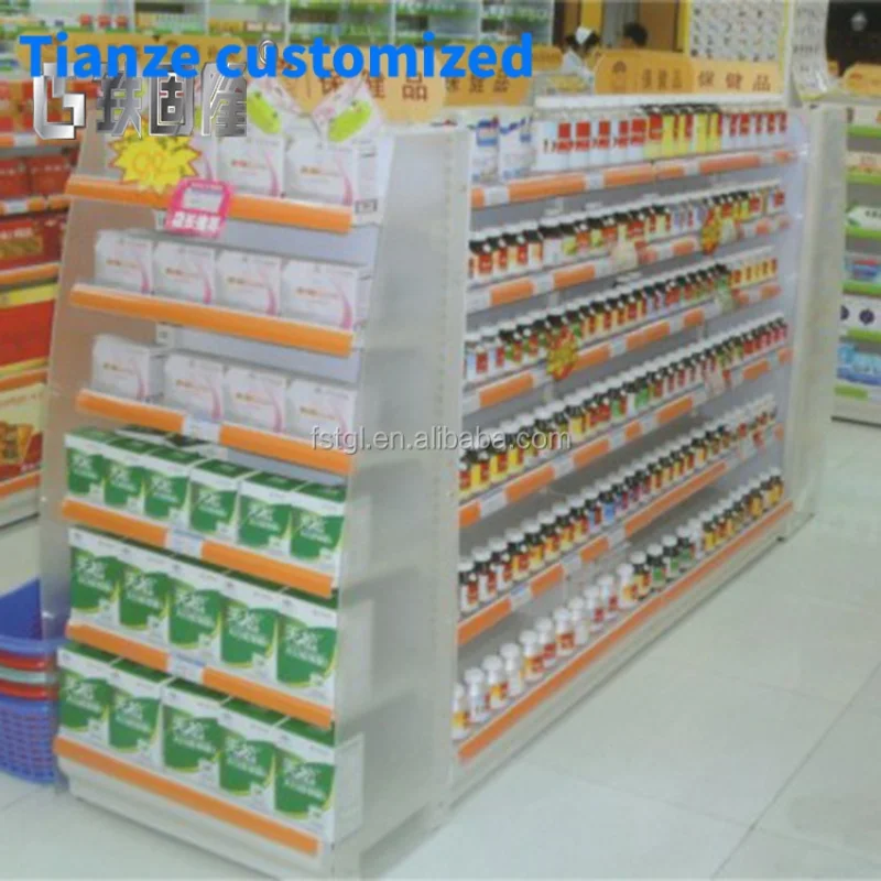 (customized)Enhanced Retail Visibility Pharmacy Shelf Display System Made of Durable Metal Glass Wood Store Shop Sho