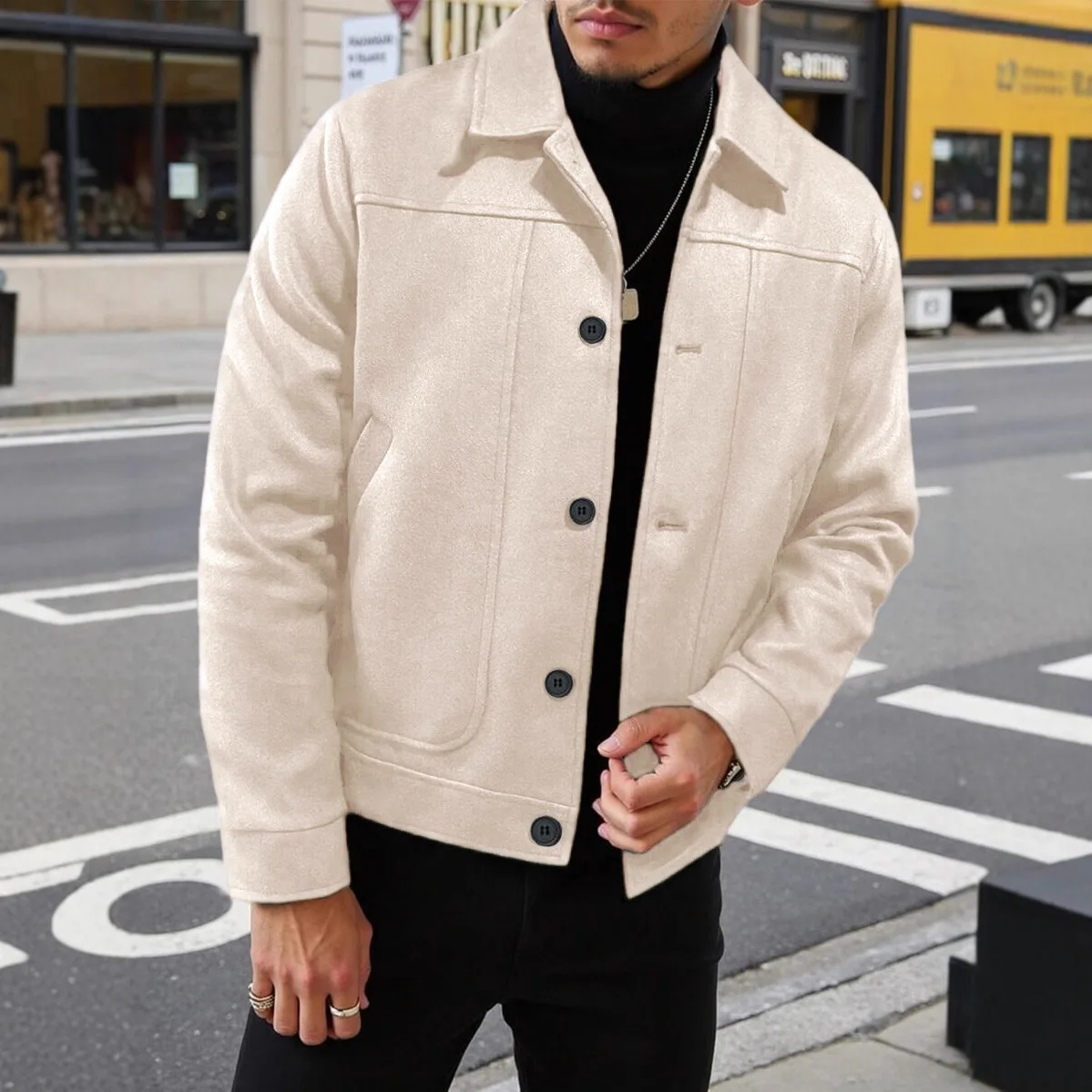 Casual Business Men's Jacket American Style Single Button Flip Collar Outerwear Slim Fit Polyester Nylon Composite Fiber