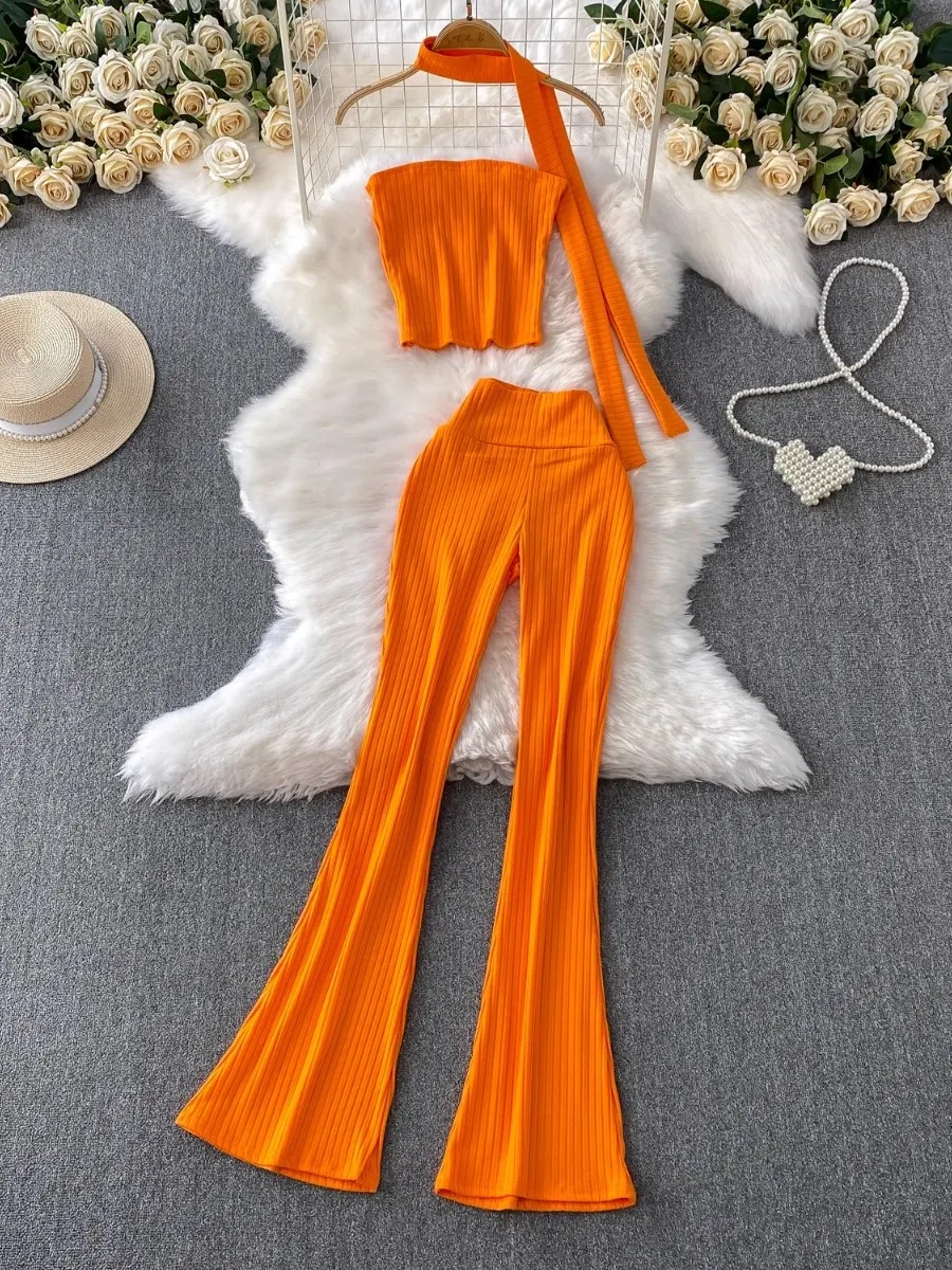 

Foamlina Y2K Fashion Street Knit Halter Strapless Crop Top & High Waist Slimming Flare Pants Two-Piece Set 2025 Summer New