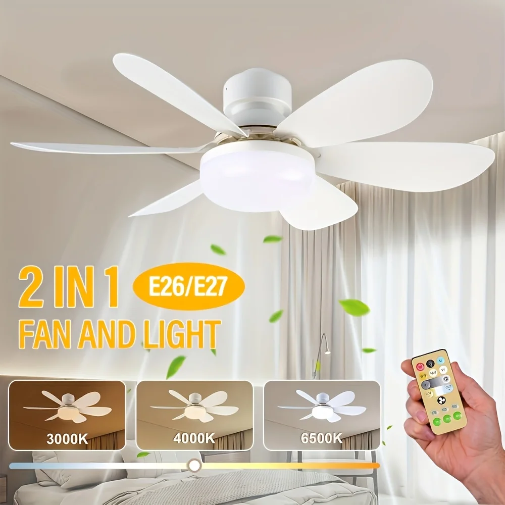 LED Ceiling Fan Light, E26/E27 Base with Remote Control, Timer, 6 Blades, 3 Speeds, Adjustable Brightness and Color Temperature