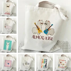 Cute Alpaca Pattern Women's Shoulder Bag Large Capacity White Shopping Bag Cartoon Animal Print Handbag Women's Canvas Handbag