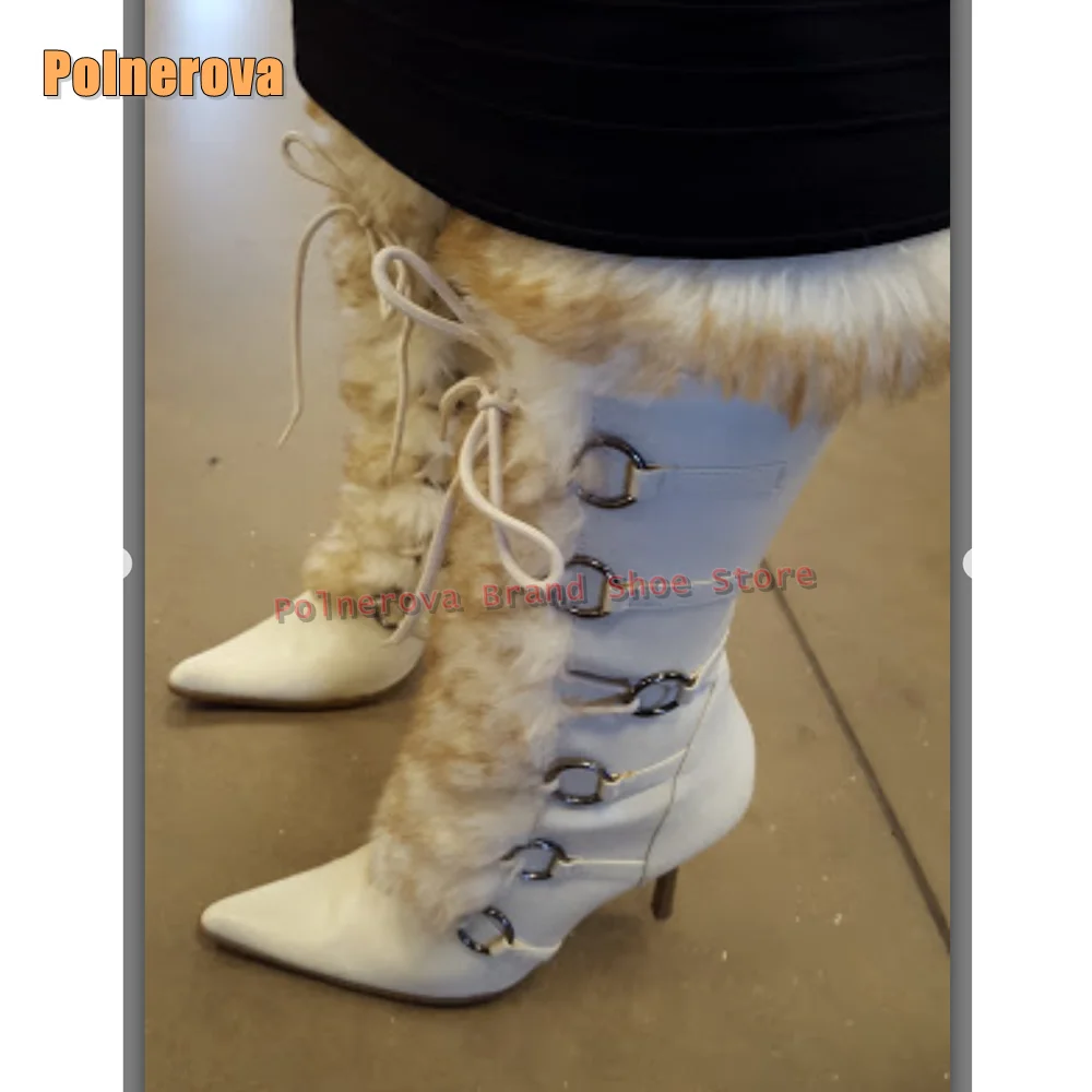 

Сапоги до середины икры с перекрестной завязкой на меху в стиле пэчворк, с острым носком, на тонком каблуке, с пряжкой на ремне, на шнуровке, женская обувь для подиума, 2024, новый зимний стиль