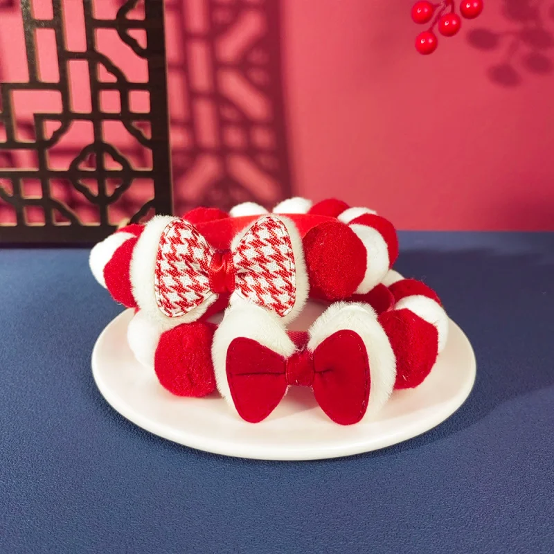 

Pet New Year Red Bow Hair Ball Collar Spring Festival Bows Tie Collars Festive Ornament Cat Puppy