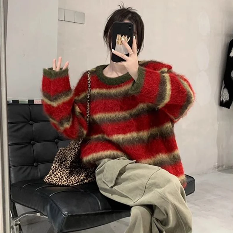 American Retro Casual High Quality Striped Knitted Sweater Autumn/winter New Fashionable Loose Comfortable Exquisite Women's Top