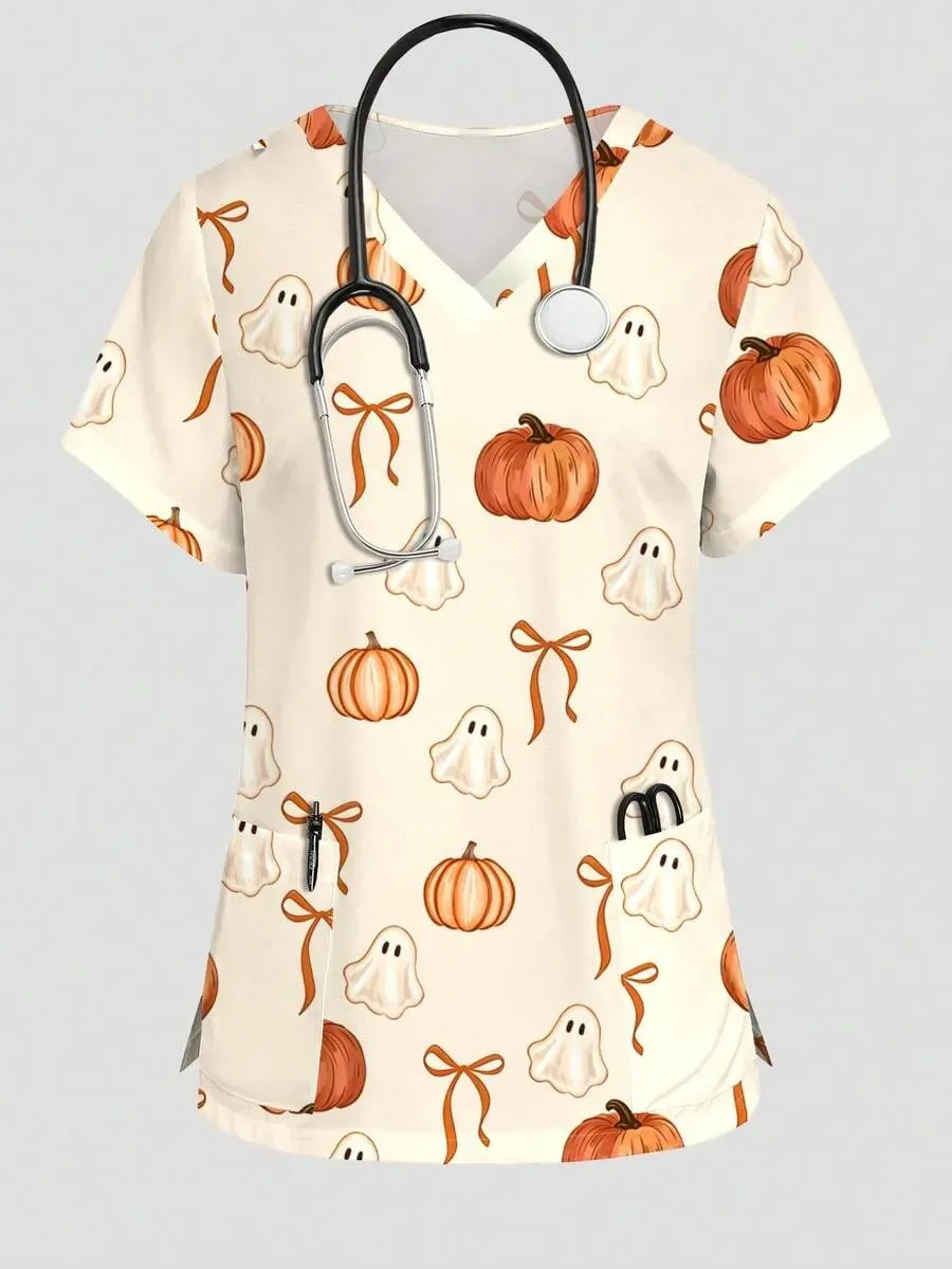 Halloween Pumpkin Head Print Women's Top Workwear V-Neck with Pockets Frosted Finish Medical Uniform Women's Clothing