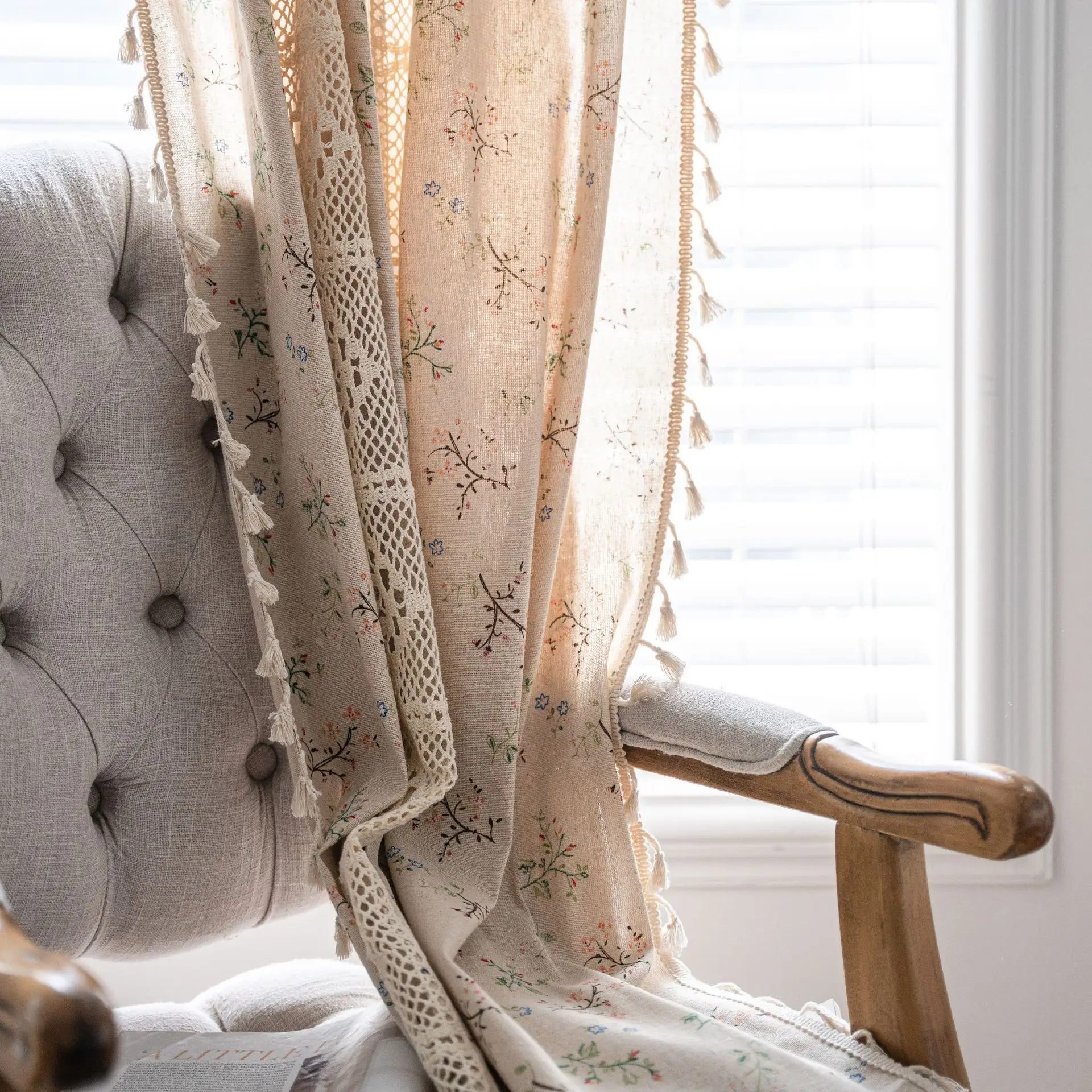 Curtain Lanju Finished Product Printed Hollow Splicing American Kitchen Semi Blackout Curtain Tassel
