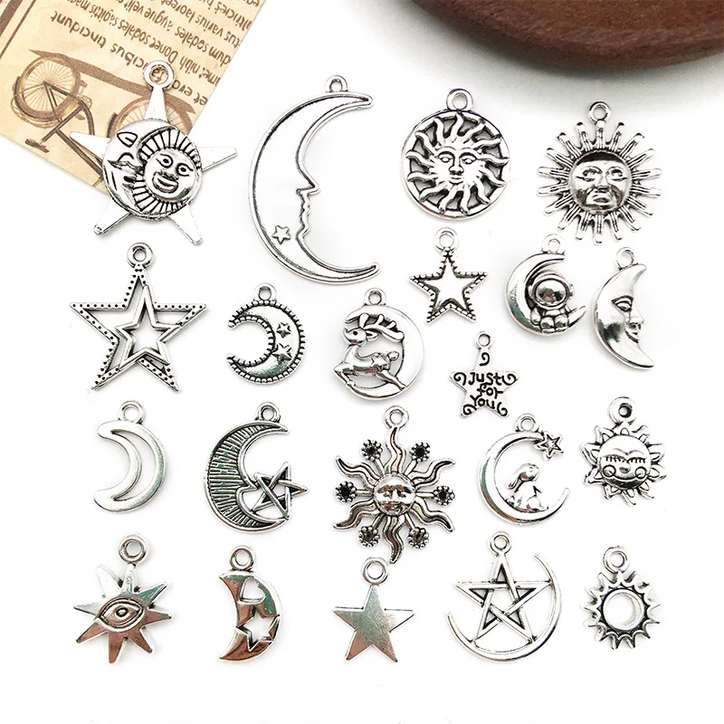 20pcs Charms Star Moon Sun Cloud Planet Mars Antique Silver Color Mixed Pendants DIY Making Findings Tibetan Handmade Jewelry