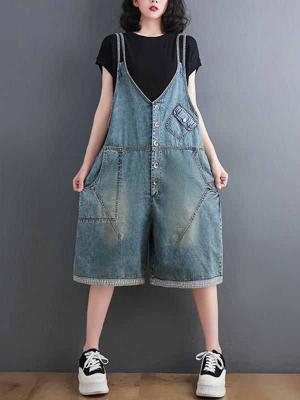 

Fashionable Summer Denim Overalls Loose Casual Artistic Five-Point Pants for plus Size Women High Waist Thin Denim Fabric