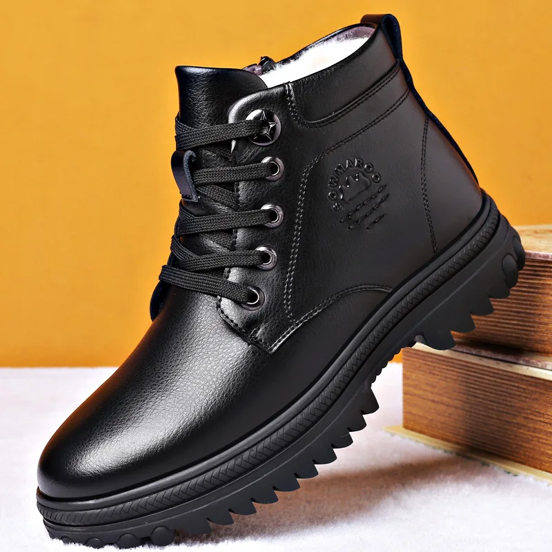 Botas de cuero genuino para hombre, botines cálidos de piel Natural, calzado de trabajo, botas de nieve impermeables de goma, invierno, nuevo