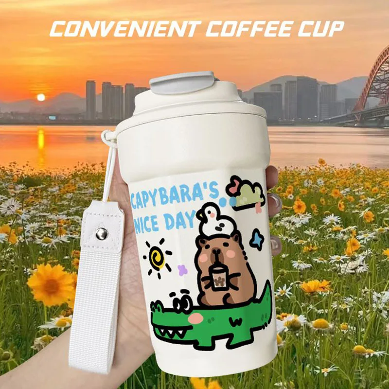 Miniso Cute Capybara Thermos Cup 480ML Kawaii Cartoon Portable Travel Coffee Office Home Water Drinking Cup Anime Toy Girl Gifts