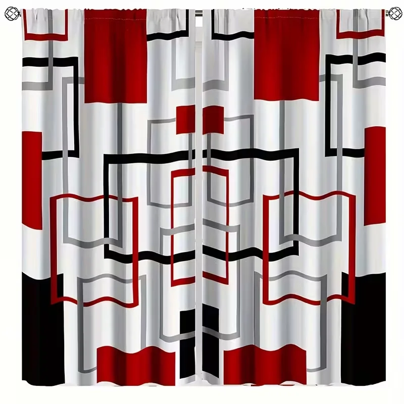2pcs Bold Red Black Geometric Pattern Curtains, Designed for Light Blocking, Premium Material, Suitable for Living Room, Bedroom