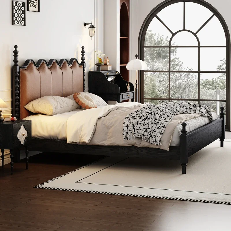 American retro bed antique solid wood bed 1.5 meters leather soft bag bed