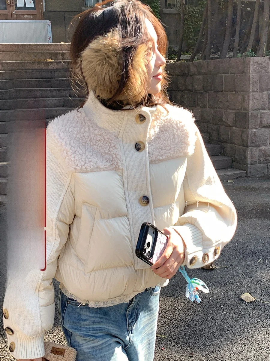 

ort Padded Jaet Women's Stand Collar Lamb Fur Splicing Warm Thi Cotton Outerwear Winter Commute Sle Korean Version