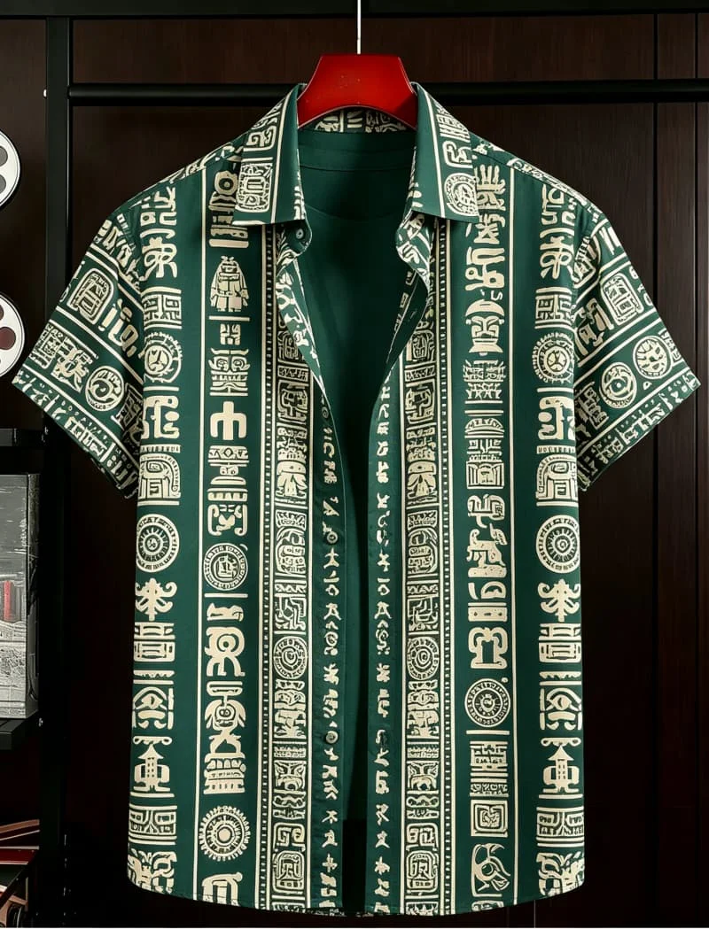 Men's casual shirt with ancient civilization symbol print design, suitable for ethnic retro style, for daily use and vacation