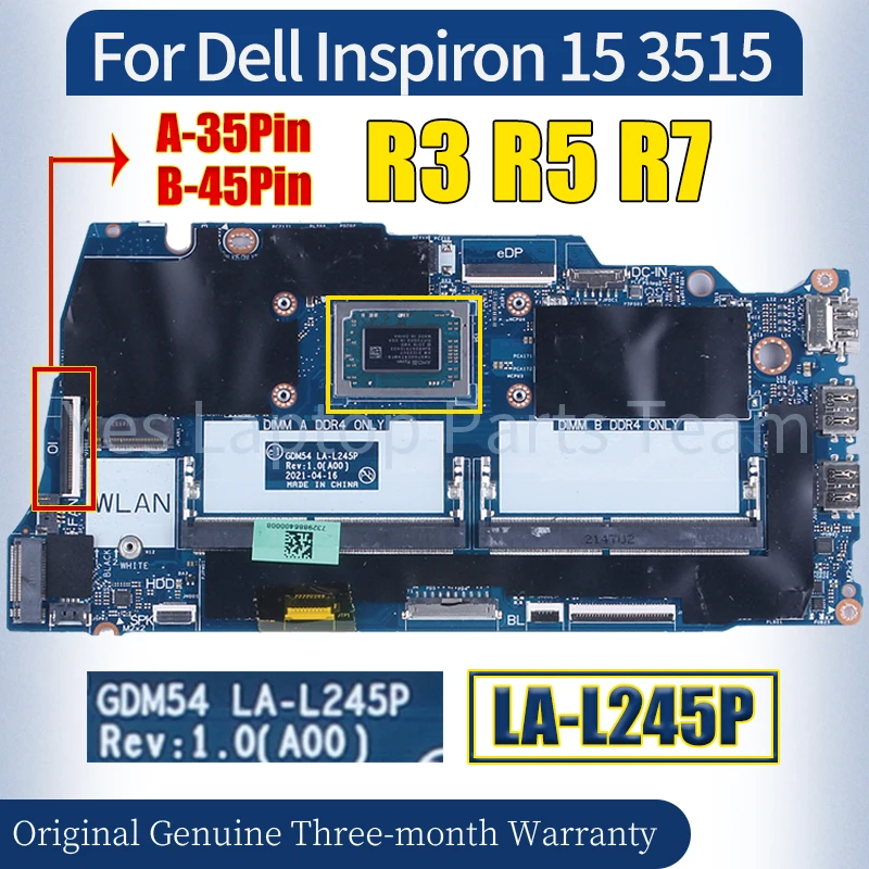 

For Dell Inspiron 15 3515 Laptop Mainboard LA-L245P 0GW26T 0PY51M 04D48M 04GWD8 0FX2N0 0HV3P9 R3 R5 R7 CPU Notebook Motherboard