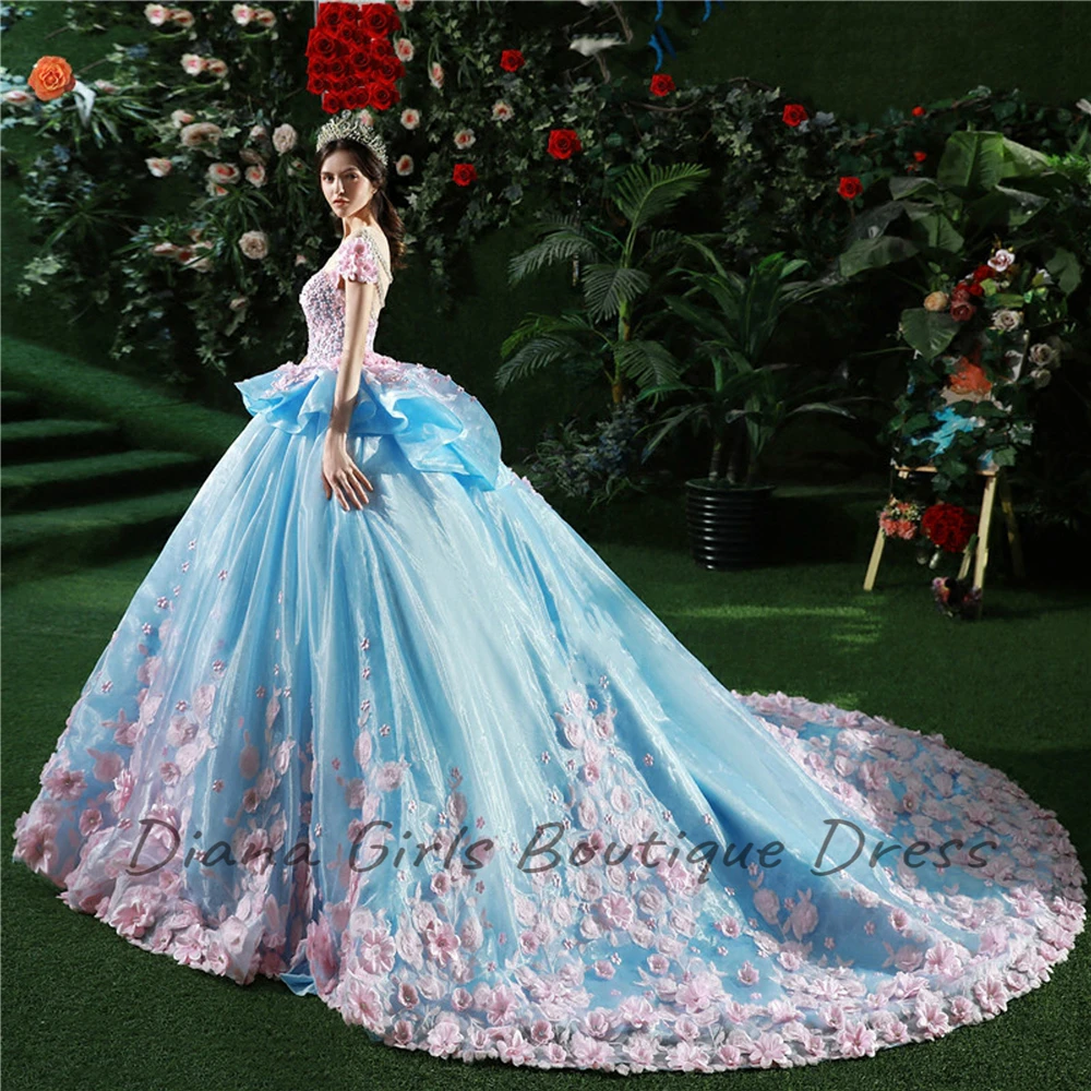 Satin Quinceanera Dress Blue Ball Gown Tulle Appliques Transparent Backless Hand Made Flower Wedding Dress 3D Pink Flowers