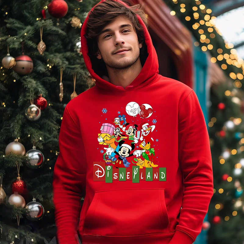 Mickey Mouse Christmas Print Men\'s Autumn and Winter Hoodie Plus Velvet Sports Sweater Red Loose Men\'s Clothing