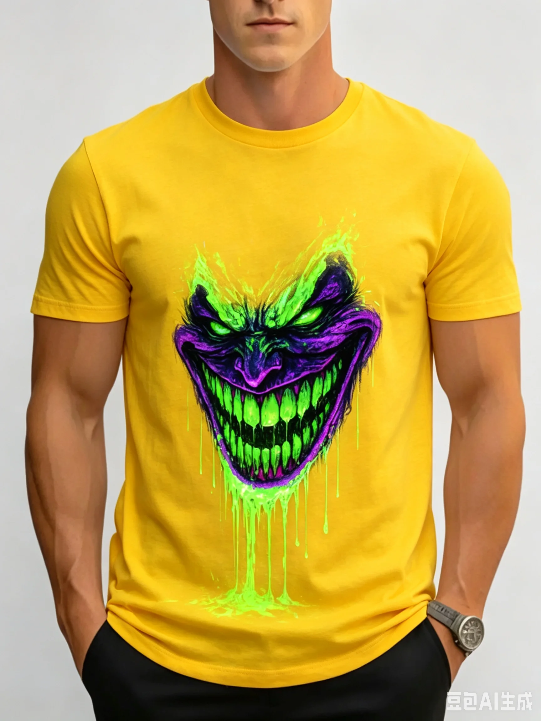 Men's Neon Green Drip Evil Clown Graphic T-Shirt, Gothic Streetwear Crew Neck Short Sleeve Casual Summer Tee Top