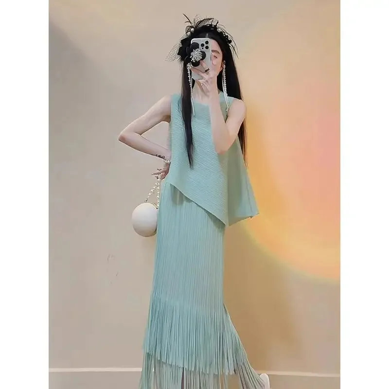 

2026 New Spring 2 Piece Sets Womens Outfits Korean Fashion Irregular O-neck Sleeveless Blouse + Tassel Folds Midi Skirt