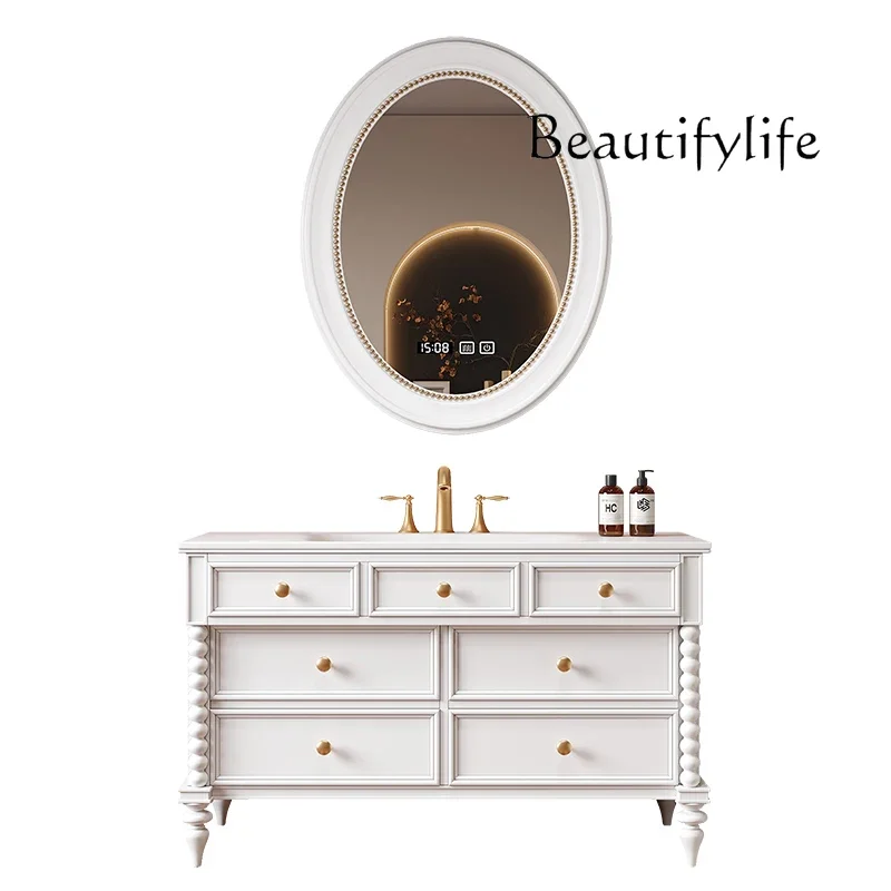 

French retro bathroom cabinet combination washstand oak floor-to-ceiling wash basin rock slab hot bending integrated basin