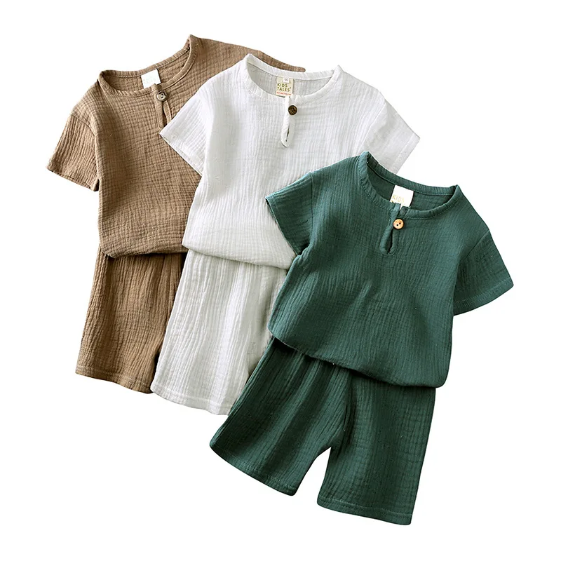 2026 Summer Kids Cotton Set Solid Color Short Sleeve Top+Shorts 2Pcs Clothes for Boys Girls Casual Children Suit