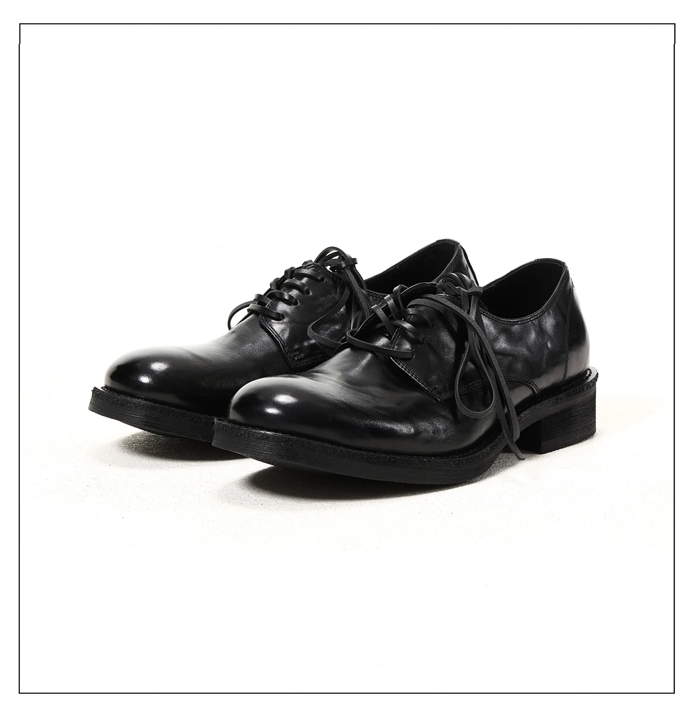 Black whole shoe washed cowhide round toe handmade derby leather shoes men's thick soled casual formal commuting