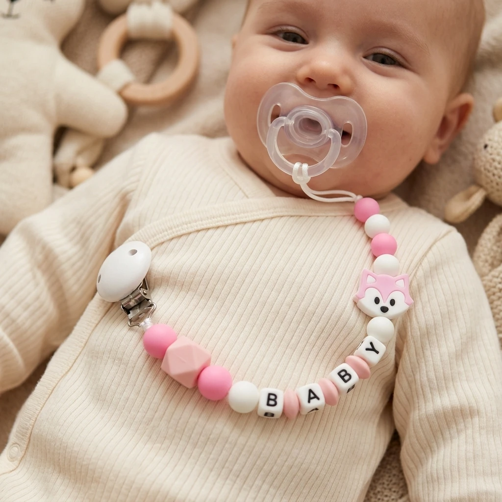 Personalized Pacifier Clip Custom Name Pink Fox Silicone Teether BPA Free Safe Baby Dummy Chain Newborn Girl Gift
