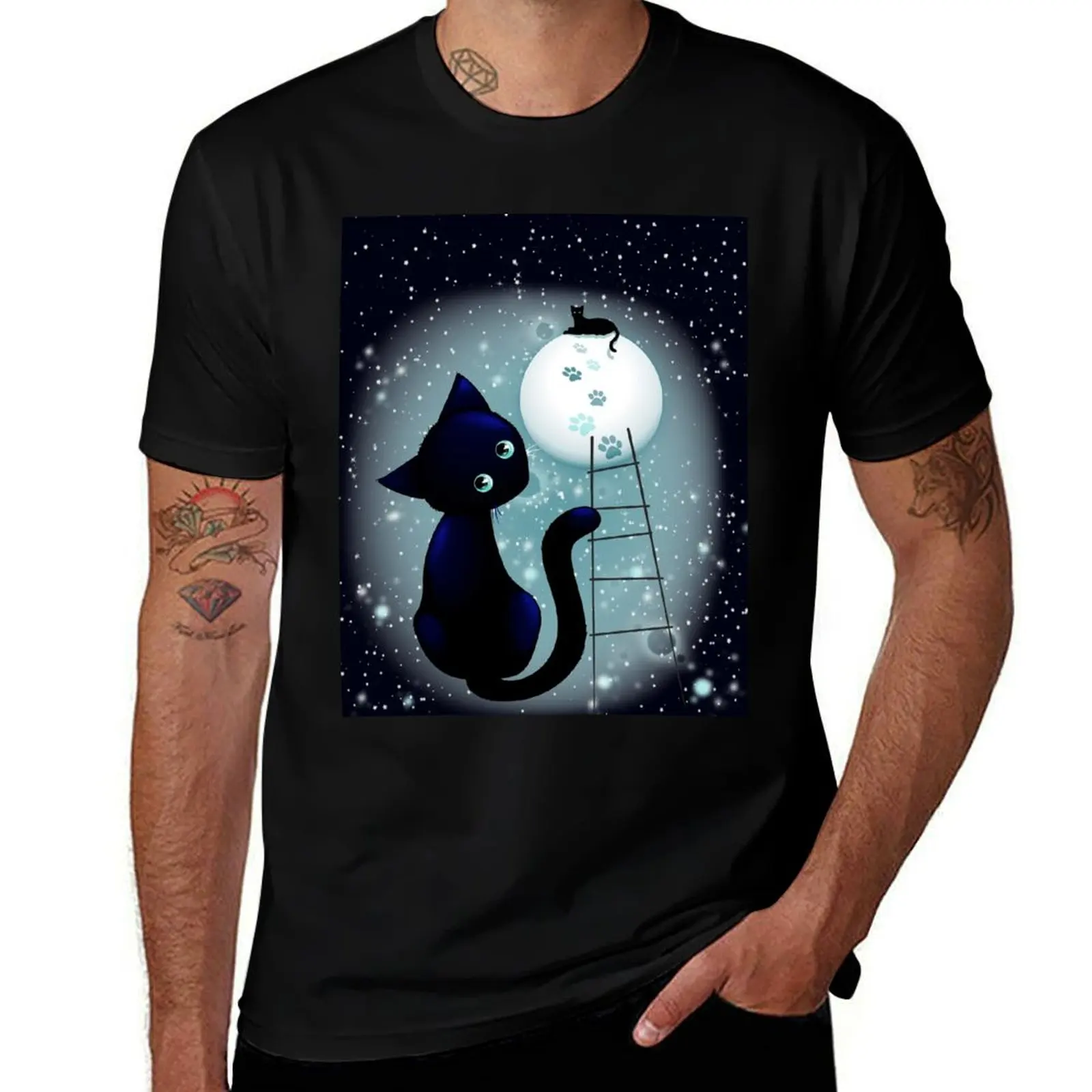 

Blue Kitty Dream on the Moon T-Shirt man t shirts cotton man t shirt summer