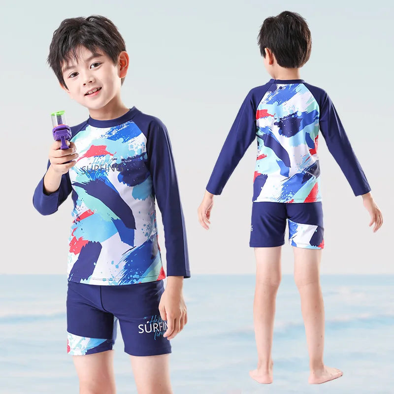 Children's Long Sleeve Professional Sunscreen Swimwear, Girls and Boys Swimsuit, Kids Hot Spring Clothes, 2 Pcs