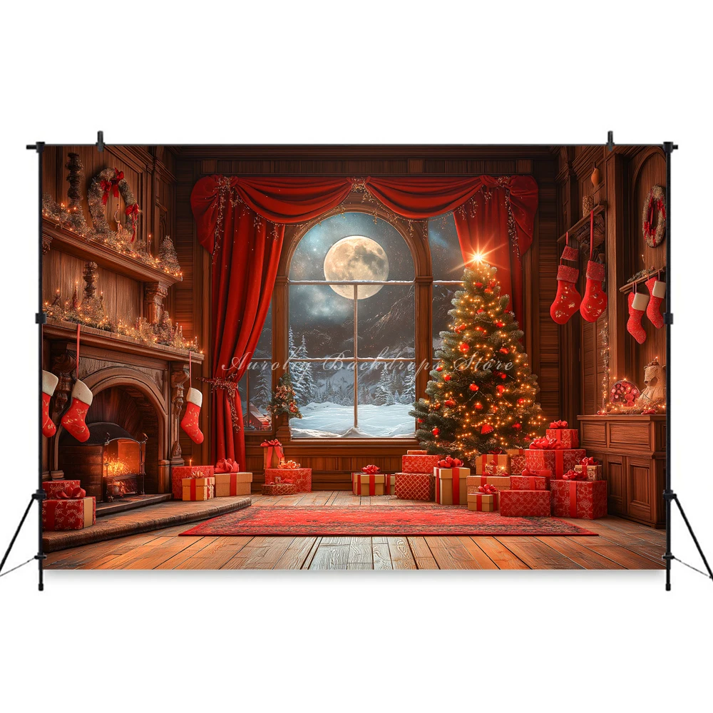 Moonlit Christmas Window Backgrounds Adult Family Photography Props Child Baby Decors Fireplace Presents Photo Studio Backdrops