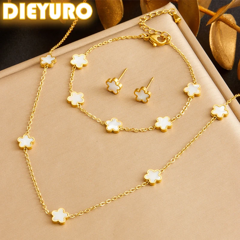 DIEYURO 316L Stainless Steel White Sea Shell Five Leaf Flower Necklace Bracelet Suit Womens 2024 New TrendNon-fadingjewelry Set