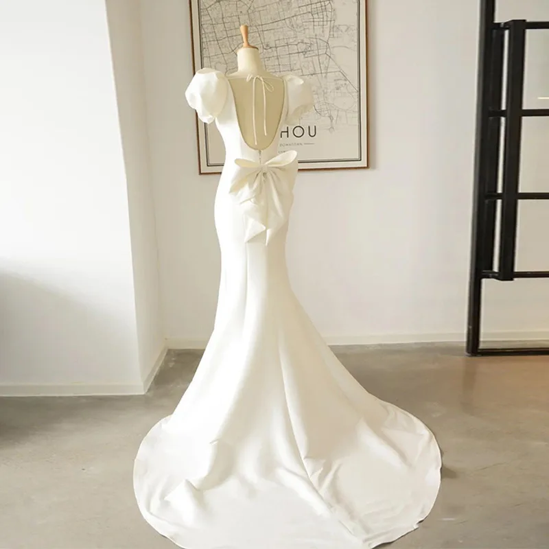 Robe sirène traînante en satin blanc pour femme, robe de soirée maxi, grand nœud, vintage, élégant, mariage, luxe, 2022