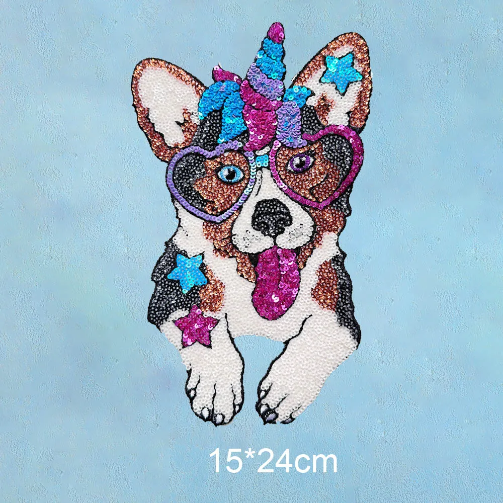 MAXSIN FUN 15*24cm Sequin Dog Applique Iron on Sticker, for Clothing, Animal Patch Backpack Decoration, DIY Jeans 1 Piece