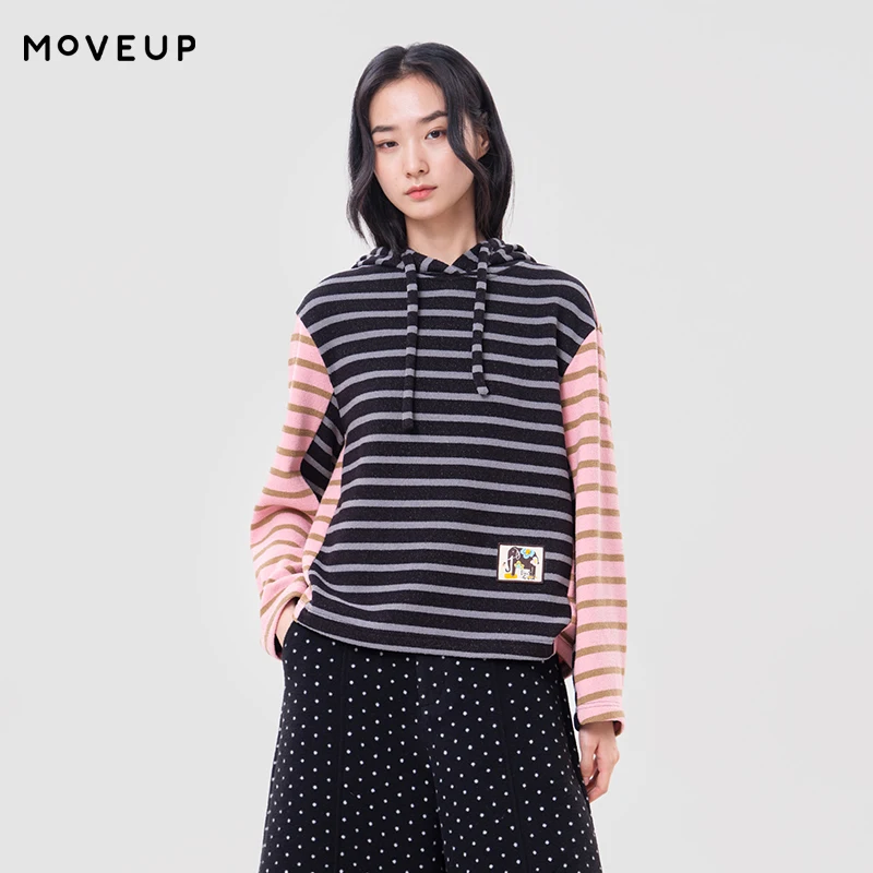 MOVEUP Women Long Sleeve Tops FUN Series Hooded Contrast Stripe Cropped T-shirt 2026 Winter New Daily Commuter Clothes 3ELD10532