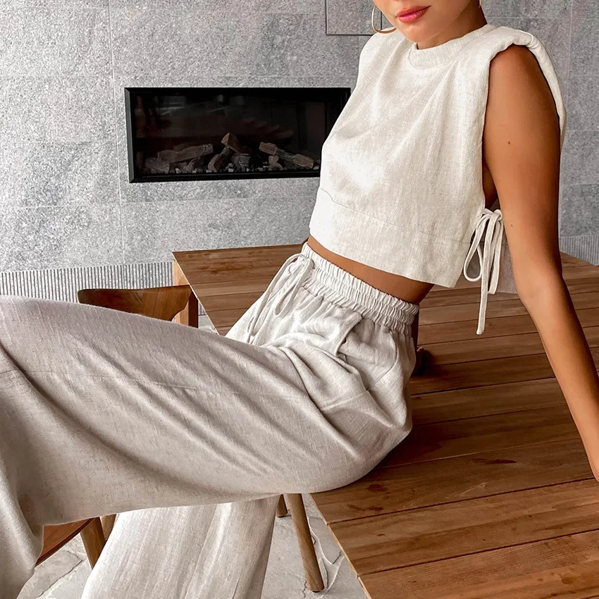 Summer Home Suit Women Holiday Linen Pant Set Crop Tops Solid Outfits Two Piece Pijamas Set for Women Sleeveless Casuals Sleep