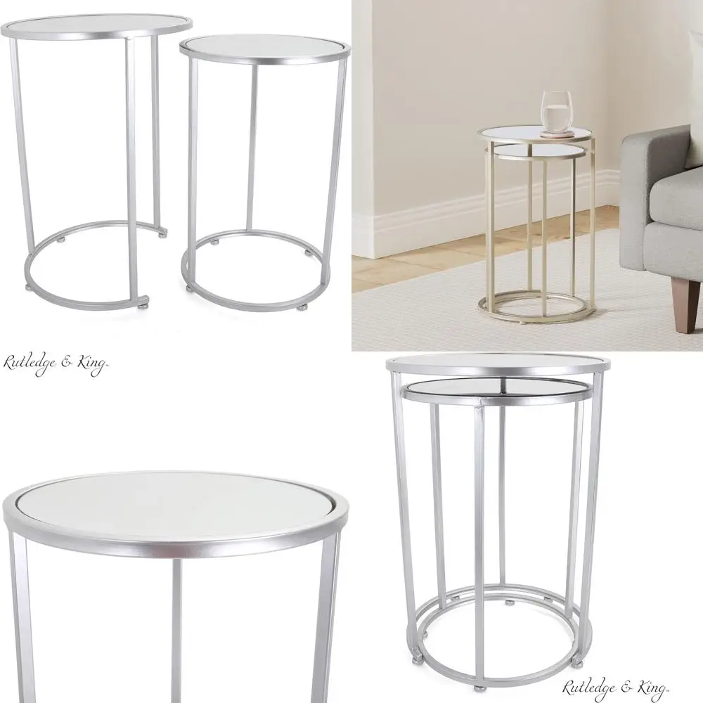 طقم طاولة نهاية مستديرة فضية مع قطع علوية عاكسة - طاولات متداخلة بلمسة نهائية فضية ومرآة