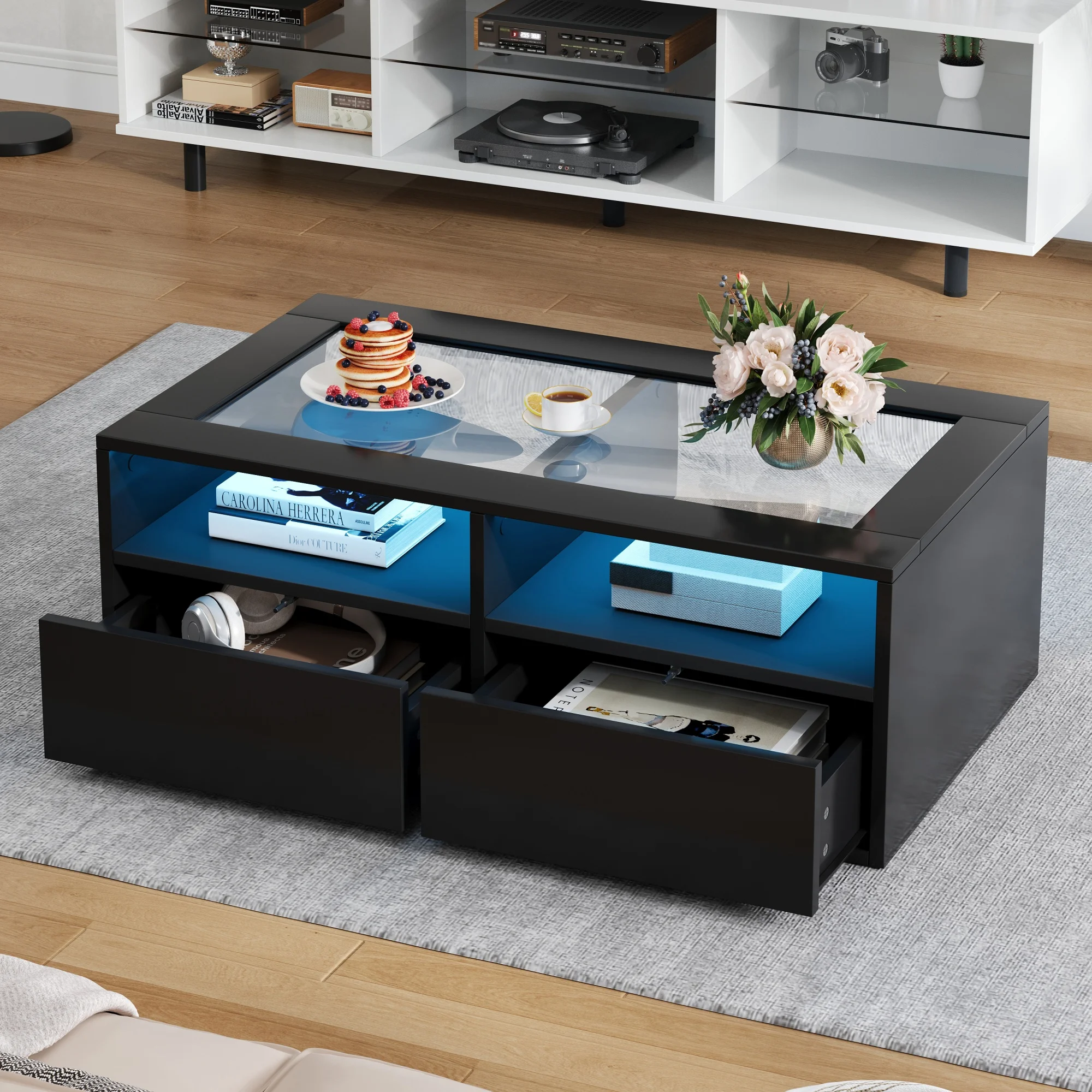 Table basse avec LED, 2 tiroirs et rangements ouverts - Plateau en verre trempé, noir 100 × 50 × 35 cm